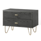 2 Drawer Wooden Nightstand with Hairpin Metal Legs, Gray and Gold