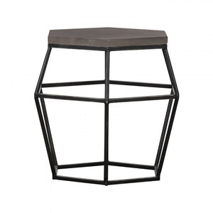 Benzara Hexagonal Concrete End Table with Metal Base, Gray and Black BM214837 Gray and Black Concrete and Metal BM214837