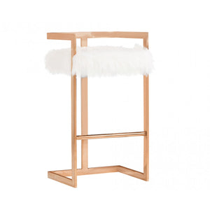 Benzara Faux Fur Bar Stool with Cantilever Steel Frame Support, White and Rosegold BM214840 White and Rosegold Metal and Faux Fur BM214840