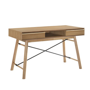 Benzara 2 Drawer Office Desk with X Metal Brace and Slanted Legs, Oak Brown BM214849 Brown Solid Wood, Metal BM214849