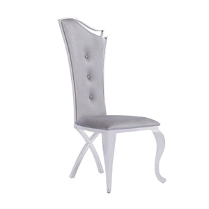 Benzara Button Tufted Sloped Back Dining Chair with Metal Leg, Set of 2, Gray BM214856 White Metal, Fabric BM214856