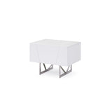 Benzara 1 Drawer Contemporary Nightstand with Stainless Steel Legs, White and Silver BM214868 White and Silver Solid Wood, Metal BM214868