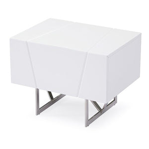 Benzara 1 Drawer Contemporary Nightstand with Stainless Steel Legs, White and Silver BM214868 White and Silver Solid Wood, Metal BM214868