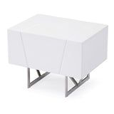 1 Drawer Contemporary Nightstand with Stainless Steel Legs, White and Silver