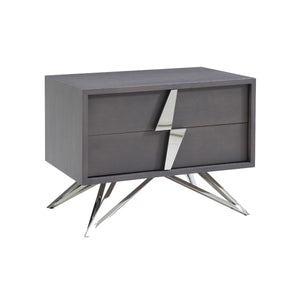 Benzara 2 Drawer Nightstand with Angled Metal Legs and Handles, Gray and Silver BM214872 Gray Solid Wood, Metal, Veneer BM214872