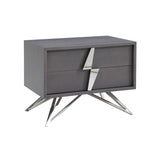 2 Drawer Nightstand with Angled Metal Legs and Handles, Gray and Silver