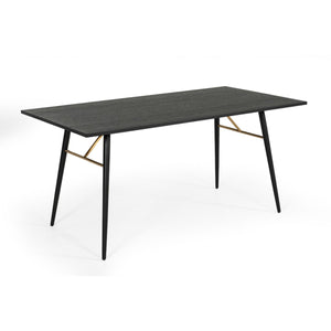 Benzara Rectangular Wooden Dining Table with Slanted Metal Legs, Gray and Black BM214874 Black, Gold Solid Wood, Veneer, Metal BM214874