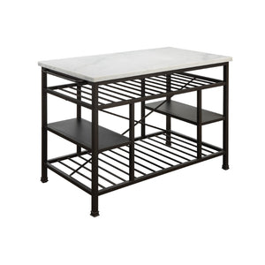 Benzara Marble Top Metal Kitchen Island with 2 Slated Shelves, Brown and White BM214990 Brown and White Metal BM214990