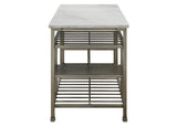 Benzara Marble Top Metal Kitchen Island with 2 Slated Shelves, Gray and White BM214991 Gray and White Metal BM214991