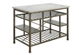 Benzara Marble Top Metal Kitchen Island with 2 Slated Shelves, Gray and White BM214991 Gray and White Metal BM214991