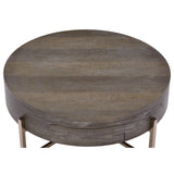 Benzara 1 Drawer Round Modern Coffee Table with Crossed Metal Legs, Brown and Gold BM215037 Brown, Gold Solid Wood, Veneer, Metal BM215037