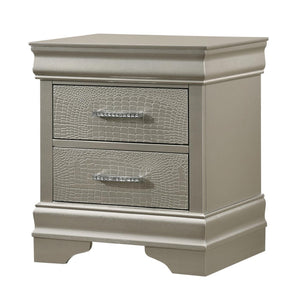 Benzara 2 Drawers Wooden Nightstand with Faux Crystal Accent Pull Handles, Silver - BM215226 BM215226 Silver Solid Wood BM215226