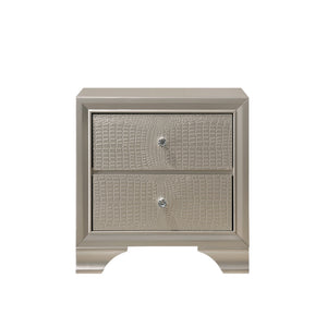 Benzara 2 Drawer Nightstand with Textured Fronts and Crystal Knobs,Champagne Sliver - BM215243 BM215243 Silver Solid Wood BM215243