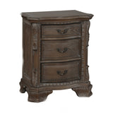 Benzara 3 Drawer Nightstand with Carving and Bracket Feet Support, Brown - BM215262 BM215262 Brown Solid Wood BM215262