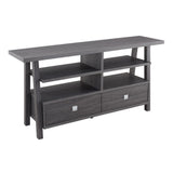 Transitional Wooden TV Stand with 4 Open Shelves and 2 Drawers, Gray