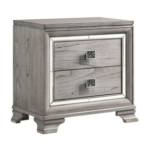 Benzara 2 Drawer Nightstand with Mirror Accent and Bracket Feet, Light Gray BM215293 Gray Solid Wood BM215293