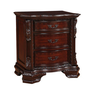 Benzara 3 Drawer Nightstand with Wooden Carving and Bracket Feet Support, Brown BM215294 Brown Solid Wood BM215294