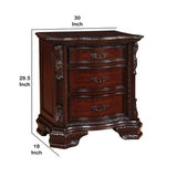 Benzara 3 Drawer Nightstand with Wooden Carving and Bracket Feet Support, Brown BM215294 Brown Solid Wood BM215294