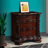 Benzara 3 Drawer Nightstand with Wooden Carving and Bracket Feet Support, Brown BM215294 Brown Solid Wood BM215294