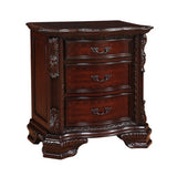 3 Drawer Nightstand with Wooden Carving and Bracket Feet Support, Brown