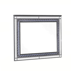 Benzara LED Trim Wooden Frame Mirror with Diamond Pattern, Gray and Silver BM215316 Gray, Silver Solid wood, Mirror BM215316