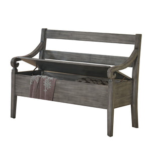 Benzara Ladder Back Design Bench with Lift Top Storage and Sloped Armrests, Gray BM215325 Gray Solid wood BM215325