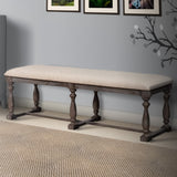 Benzara Farmhouse Style Bench with Padded Seating and Turned Pedestal Base, Gray BM215332 Gray Solid wood, Fabric BM215332