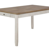 Benzara Wooden Dining Table with Side Drawer and Chamfered Feet, White and Brown BM215356 White, Brown Solid wood BM215356