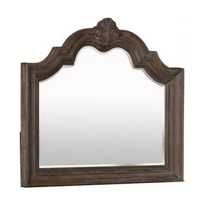 Benzara Scalloped Design Wooden Frame Mirror with Crown Top, Antique Brown BM215369 Brown Solid wood, Mirror BM215369