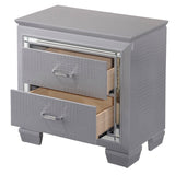 Benzara Two Drawer Wooden Nightstand with Textured Details and Mirror Accents, Gray BM215374 Gray Solid Wood BM215374