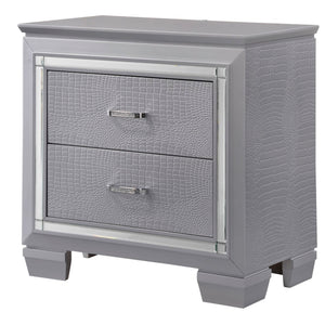 Benzara Two Drawer Wooden Nightstand with Textured Details and Mirror Accents, Gray BM215374 Gray Solid Wood BM215374