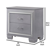 Benzara Two Drawer Wooden Nightstand with Textured Details and Mirror Accents, Gray BM215374 Gray Solid Wood BM215374