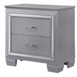 Two Drawer Wooden Nightstand with Textured Details and Mirror Accents, Gray