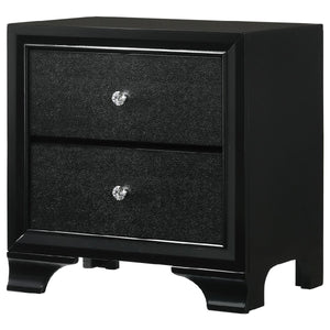 Benzara 2 Drawer Wooden Nightstand with Textured Details and Crystal Pulls, Black - BM215425 BM215425 Black Solid Wood BM215425