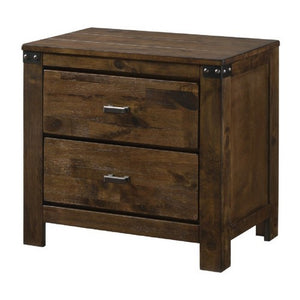 Benzara 2 Drawer Wooden Nightstand with Metal Bars and Corner Brackets, Brown BM215429 Brown Solid Wood BM215429