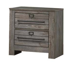 Benzara 2 Drawer Wooden Nightstand with Metal Bar Pulls and Sled Base, Gray BM215432 Gray Solid Wood BM215432