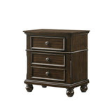 Benzara 3 Drawer Wooden Nightstand with Molded Details and Metal Knobs, Brown - BM215468 BM215468 Brown Solid Wood BM215468