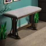 Benzara Counter Height Fabric Upholstered Bench with Trestle Base, Brown and Gray BM215472 Brown and Gray Solid Wood, Metal and Fabric BM215472