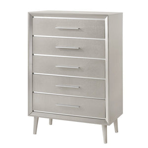 Benzara 5 Drawer Contemporary Chest with Bar Handles and Splayed Legs, Silver BM215528 Silver Solid wood BM215528