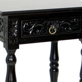 Benzara 1 Drawer Wing Table with Scroll Engravings and Turned Feet, Dark Brown BM215611 Brown Solid wood BM215611