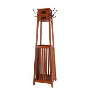 Benzara 2  Drawer Mission Style Coat Rack with 4 Hooks and Slatted Sides, Brown BM215613 Brown Solid wood BM215613