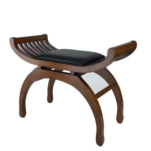 Benzara Curved Design Mission Stool with Leatherette Seat and Slatted Sides, Brown BM215619 Brown, Black Solid wood, Leatherette BM215619