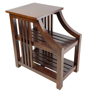 Benzara Mission Style Sculpted Side Table with 2 Slatted Shelves, Brown BM215625 Brown Solid wood BM215625