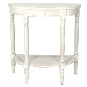 Benzara 1 Drawer Half Moon Shaped Console with Bulged Front and Turned Legs, White BM215627 White Solid wood, Rattan BM215627