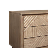 Benzara 3 Drawer Nightstand with Geometrical Engraving and Dual USB ports, Brown BM215780 Brown Solid Wood, MDF, Abaca BM215780