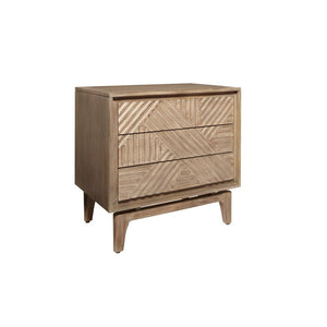 Benzara 3 Drawer Nightstand with Geometrical Engraving and Dual USB ports, Brown BM215780 Brown Solid Wood, MDF, Abaca BM215780