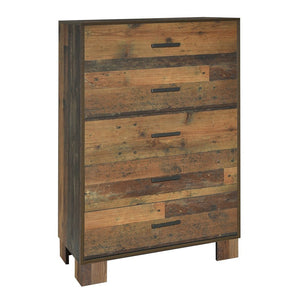 Benzara 5 Drawer Rustic Chest with Nails and Grain Details, Dark Brown BM215793 Brown MDF, Veneer and Metal BM215793