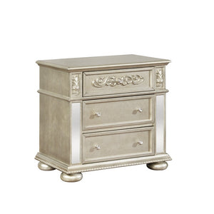 Benzara 3 Drawers Nightstand with Ornate Carving and USB Ports, Silver BM215813 Silver Solid Wood, Particle board, MDF, Mirror and Fabric BM215813