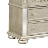 Benzara 3 Drawers Nightstand with Ornate Carving and USB Ports, Silver BM215813 Silver Solid Wood, Particle board, MDF, Mirror and Fabric BM215813