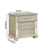 Benzara 3 Drawers Nightstand with Ornate Carving and USB Ports, Silver BM215813 Silver Solid Wood, Particle board, MDF, Mirror and Fabric BM215813